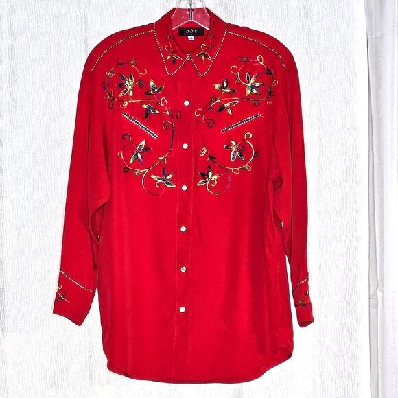 ABS California Red Colorful Embroidery Pearl Snap Buttons Western Rodeo Blouse - Picture 1 of 15